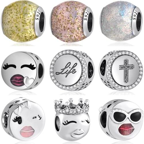 Authentic S925 Bead Playful Wink Glitter Chai Faith Cross Crown Charm Fit Lady Bracelets DIY Jewelry