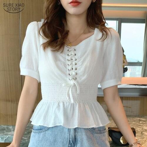 Korean Puff Sleeve Woemn Blouses Solid Short Sleeve Women Tops Blusas Mujer De Moda 2021 Summer White Shirts Blusas 10155