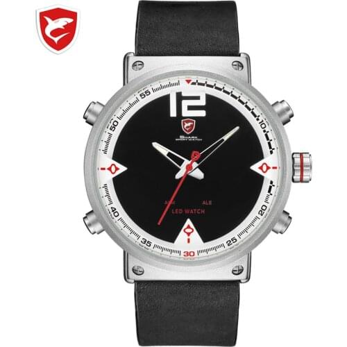 Bluegray Carpet Shark Sport Watch Black Mens Quartz Digital Analog LED Date Alarm Black Leather Watches Relogio Masculino /SH549