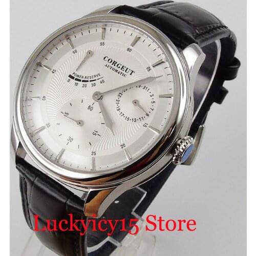 CORGEUT Brand Men Watch Automatic Movement Power Reserve Date Indicator White Dial Leather Band