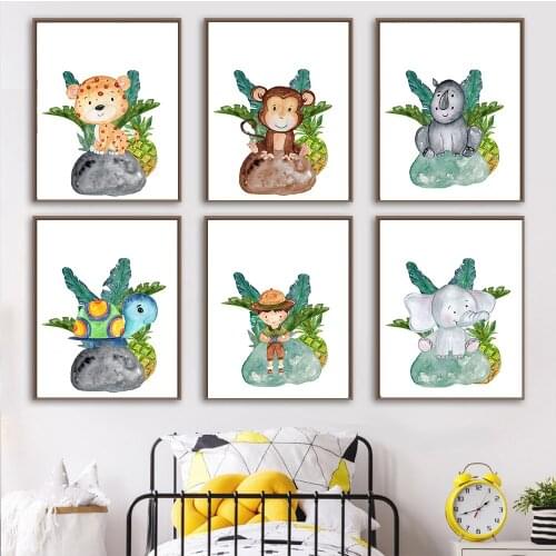 Nursery Lion Monkey Elephant Tiger Flamingo Poster Animal Leaf Stone Canvas Painting Nordic Wall Art Pictures Baby Room Decor