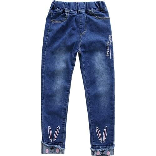 Girls'jeans Childrens Wear Cartoon Embroidered Rabbit Jeans In Spring and Autumn Kids Clothing Jeans for Baby Girl 3-12 Ages