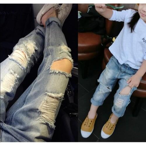 New Fashion Girls Boys Big Hole Jeans spring Summer Kids Ripped Jeans Children Hollow out Solid Denim Trousers 2-6years