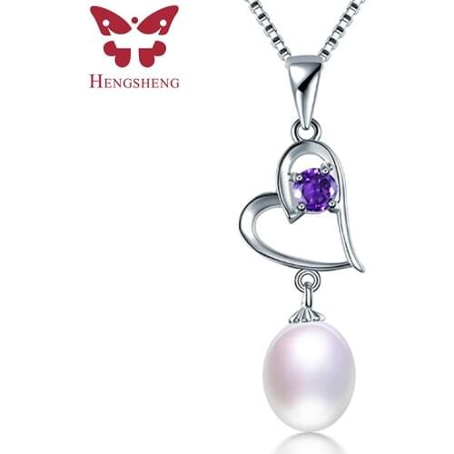 HENGSHENG Hot sale Natural Freshwater Oval Pearl Necklace 925 Sterling Silver Heart Purple Zircon Pendant Necklace For Women