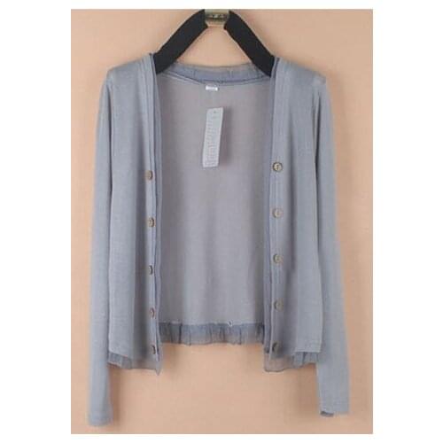 Women Summer Long Sleeve Cardigan Ladies Korean Style Loose Solid V Neck Knitted Ice Silk Open Stitch Sunscreen Thin Tops X344