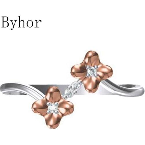 Byhor Solid 14K White+Rose Gold 0.032ct H/SI Natural Diamonds кольцa кольцo Wedding Band Fine Jewelry Trendy Flower Ring Women