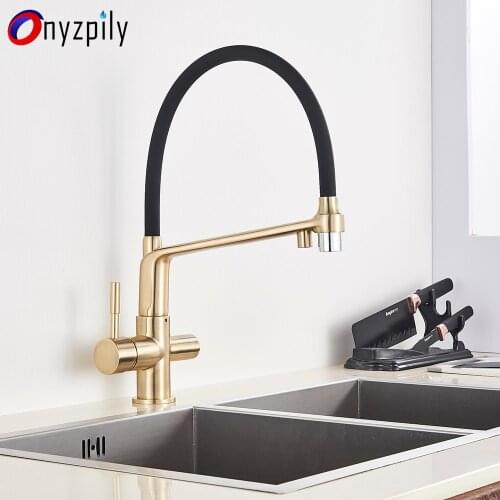 Onyzpily Goledn Filtered Kitchen Faucet Pull Out 360 Rotation Three Water Model Deck Mounted Pure Water Crane For Kitchen Taps
