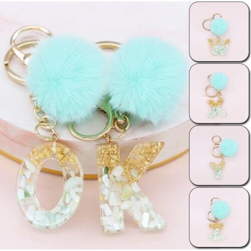 Cute Keyring Green Pompom Fur Ball Glitter Letter Keychain 26 English Letters Resin Key Chains Handbag Charms for Woman