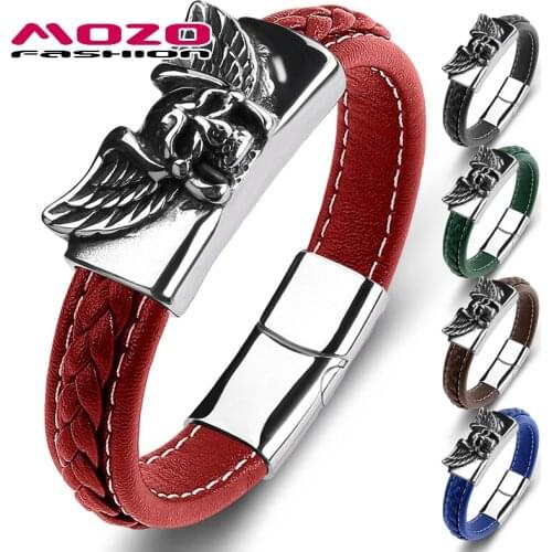 MOZO FASHION Demon Angel Wings Charm Stainless Steel Men Bracelets Multi Color Genuine Leather Trendy Hip Hop Jewelry Gifts 128