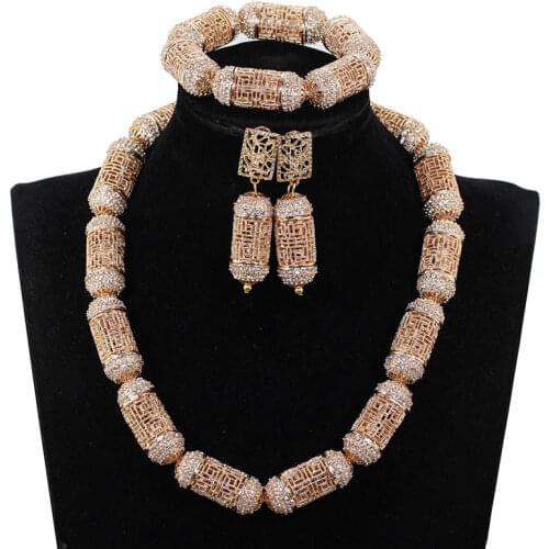 Trendy Style Gold African Beads Jewelry Set Rhinestone Decoration Necklace Bracelet Earrings Set for Women WE223