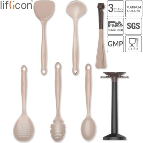 Liflicon Silicone Kitchen Utensils Set Cooking Utensils-Ladle, Skimmer, Spaghetti Server, Turner, Tongs, Spoonula, Stand,Tray