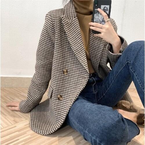 LMQ NEW Women Winter Vintage Thick Warm Houndstooth Suit Plaid Woolen Jackets Casual Korean Double Breastered Blazer Coat