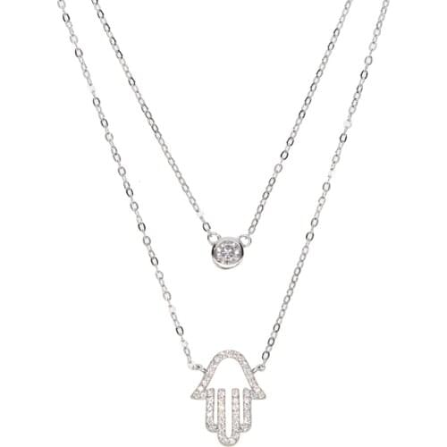 New double layer silver necklace sterling silver single cz hamsa hand pendant lucky turkish 925 sterling silver jewelry