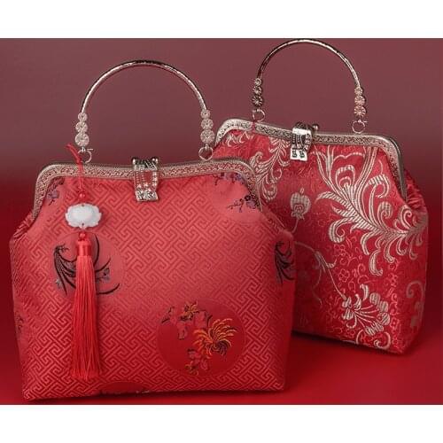 2021 Angelatracy New Style Red Women Jade Wedding Satin Fabric Jaquard Shoulder Purse Ladies Frame Bag Handbag