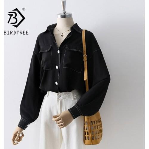 Autumn Women White Shirt Vintage Full Sleeve Chiffon Blouse Pockets Turn-Down Collar Elegant Office Wear Spring Oversize Tops T1