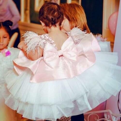 Pink Gown Princess Flower Girls Dresses Appliques with Beaded Stunning Cute Girls First Communion Dress White