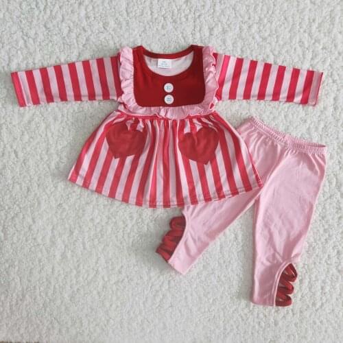 Holiday clothes set pink striped dress top with pockets love heart Valentines day girl outfits legging trousers kids clothing