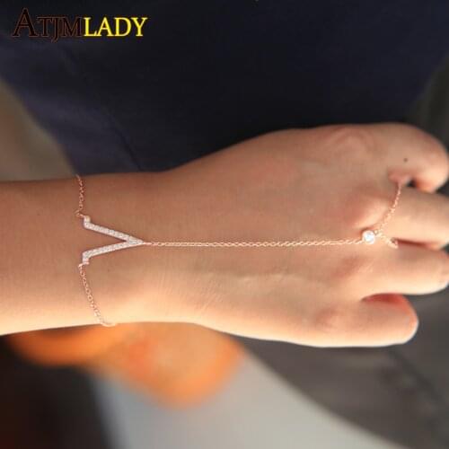Sale rose gold silver color 100% 925 sterling silver matal fashion delicate V charm cz drop chain slave bracelet with ring
