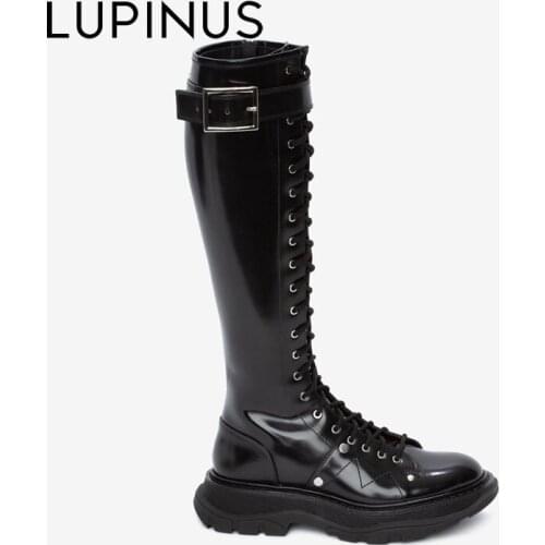 LUPINUS Luxury Brand British Style Locomotive Boots Thick Heel Black Lace-up Boots Riding Boots Round Toe Knee High Boots