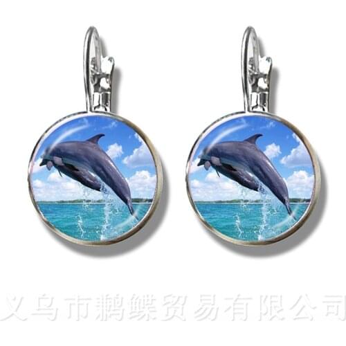 Beautiful Dolphin Pattern Earrings Trendy Round Glass Mermaid 16mm Glass Dome Silver Plated Beautiful Stud Ear For Girls