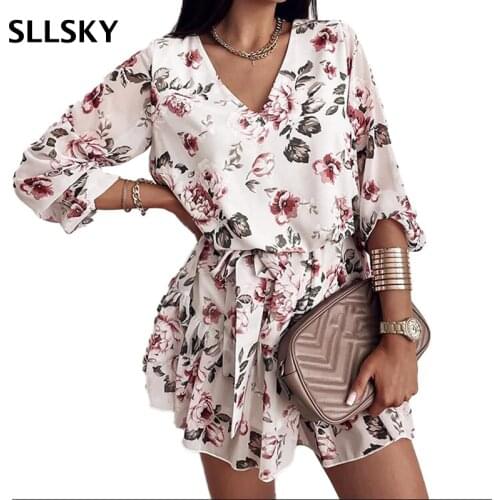 SLLSKY Floral Printing Chiffon Dress Women Summer New V Neck Long Sleeve Female Mini Dress Adjustable belt Plus Size Dresses