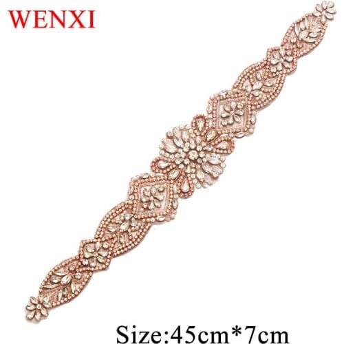 WENXI (10pcs) Wholesale Bridal Beaded Sewing Rose Gold Crystal Rhinestone Applique For Wedding Dresses DIY Iron On WX828
