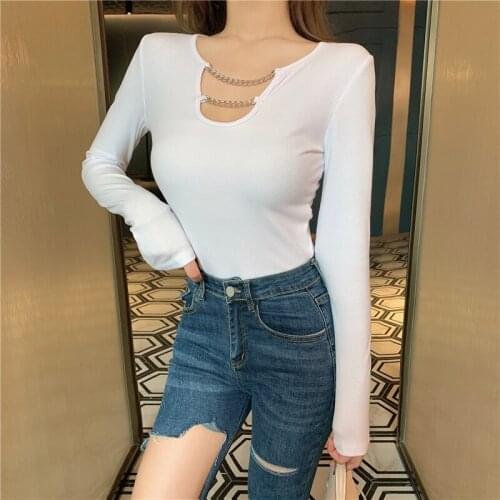 Sexy Chain 2021 fashion summer fall spring ribbed white black long sleeve crop top plain grunge cropped t shirt tshirt women 164