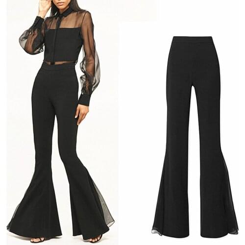 Womens Floor length trousers European high-quality slim pants split with chiffon mesh stitching design big flare pants F1357