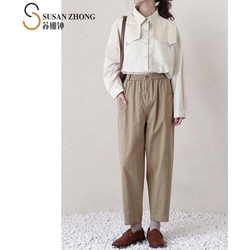 Women Pants Female Trousers Lady Bottom 2021 Spring Natural Normcore Designer Loose Harem Cotton Elastic Waist Pocket Spliced