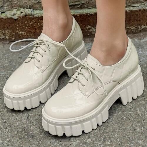 Womens genuine leather chunky heel platform flats lace-up punk female sneakers round toe leisure soft comfortable daily shoes