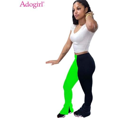 Adogirl Color Patchwork Split Hem Ruched Flare Pants Highly Stretchy Sweatpants Joggers Leggings Women Casual Pleated Trousers