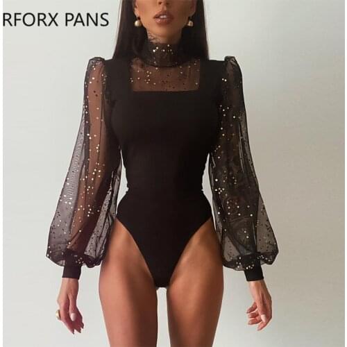Women Chic Solid Casual Sequin Lantern Sleeve High neck Sexy Bodycon Black Bodysuits
