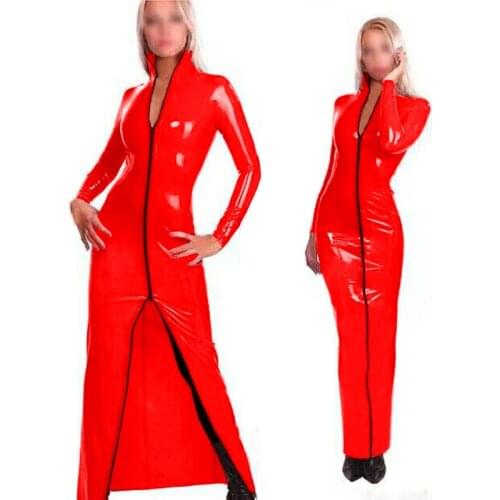 Women Long Sleeves Midi Bodycon Dresses Plus Size Zipper Pu Leather Pencil Dress PVC Slim Dress Elegent Party Holiday Dress