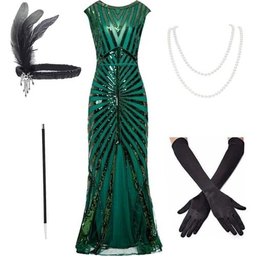 Womens 1920s Flapper Gatsby Dress with sleeveless Sequin Beaded Art Deco Cocktail Party Long Dresses Accessories Set