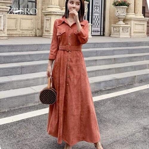 Autumn Winter Corduroy Solid Color Lapel Long Coat Long Dress Women Single-breasted Belt Loose Big Swing A-Line Overcoat Dresses