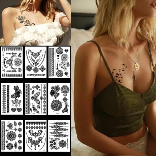 1PC Fashion Flash Waterproof Tattoo Women Black Ink Henna Jewel Sexy Lace Flower Pendant Henna Realistic Temporary Tattoo Stick