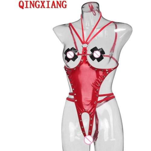 4 Pieces Fashion S-XL 2020 Women Faux Leather Sexy Prisoner Costume Open Bra Crotch Iron Chain Handcuff Backless Bodysuit Set