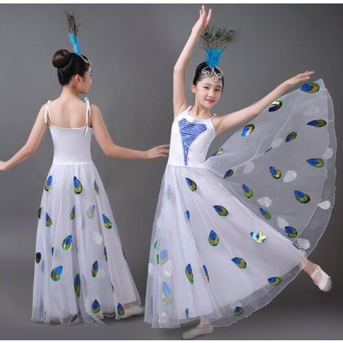 White Classical Peacock Dance Dress Costume Chiffon Dance Wear Beautiful School Stage Performance Clothing Opening Dance