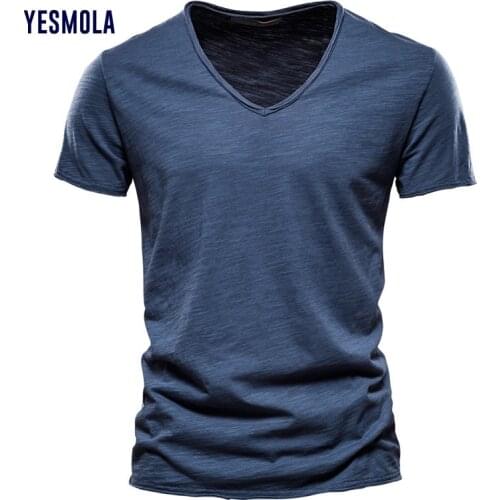 YESMOLA 100% Cotton Men T-shirt V-neck Fashion Design Slim Fit Soild T-shirts Male Tops Tees Short Sleeve T Shirt for Men