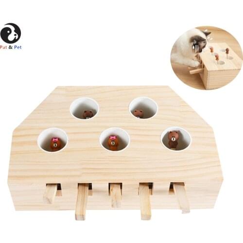 Cat Interactive Toys, Whack Mole Mouse Exercise Toy Solid Wood Puzzle Box with Cartoon Animals Hunt Toy for Pet Cat Kitten