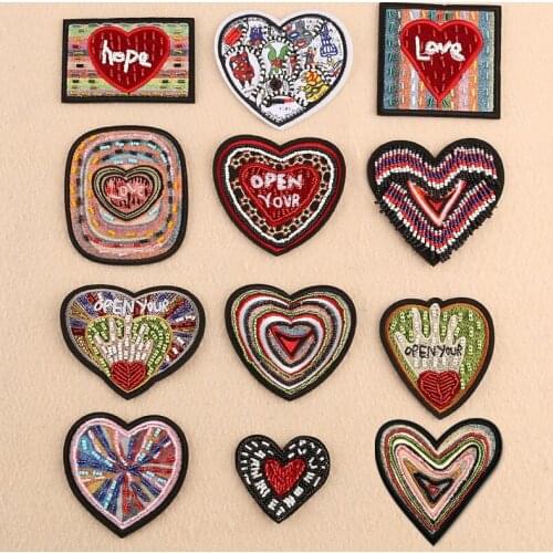 Love Heart Sewing Beads Badge Embroidered Patches for Clothing Bags Love Applique Stripes Iron On Patches Sewing Patch