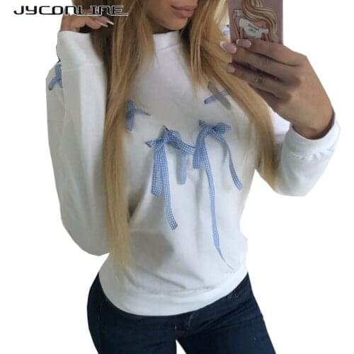 JYConline Autumn Kawaii Female T-shirt Women Tops Fashion Bow Lace Up Long Sleeve T Shirt Tees Shirts Femme Tops Women Clothing