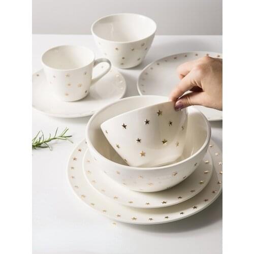Nordic star tableware simple ceramic dessert bowl plate household rice bowl noodle soup bowl salad bowl steak dish set CL90401