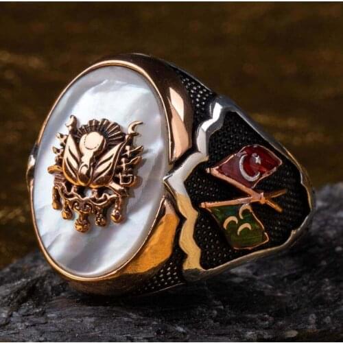 Embossed Ottoman Coat of Arms Ring Oval White Sedef Stone Ring Unique Design Men’s Turkish Men Accessories