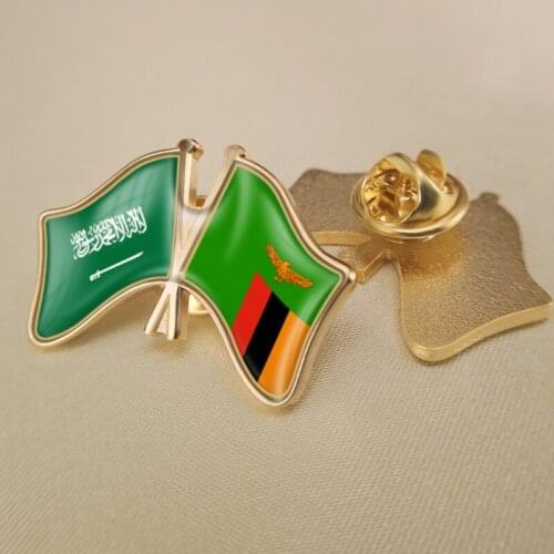 Saudi Arabia and Zambia Crossed Double Friendship Flags Lapel Pins Brooch Badges