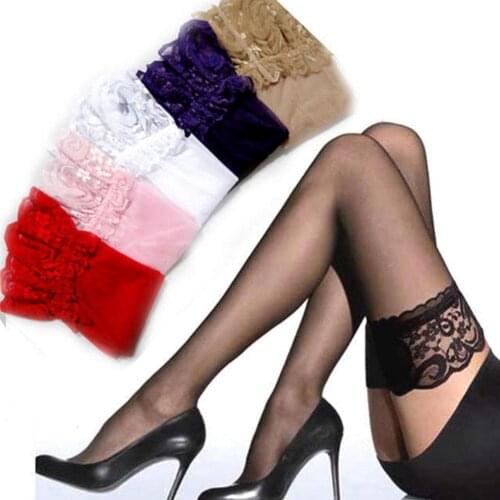 Sexy Lace Silicone Top Stay Up Thigh-High Stockings For Women Pantyhose Costume V6H9