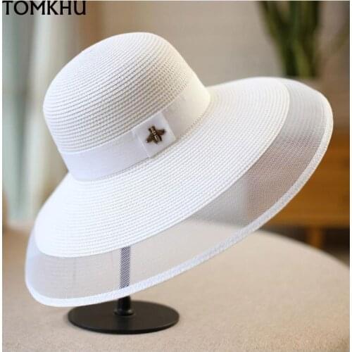 New Fashion Dome Top White Black Summer Sun Hats for Women Straw Hat UV Sun Protection Beach Cap Ladies Visors Derby Travel Cap