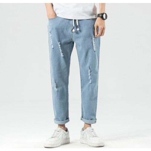 Drawstring Harem Jeans Men 2020 Brand Mens Ripped Tapered Jeans Ankle Length Denim Jogger Pants Trousers Loose Cropped Pants