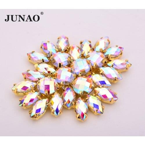 JUNAO 2pcs 45*59mm Sewn AB Crystal Claw Rhinestones Large Flower Crystal Strass Flatback Gold Stones Applique for Dress Shoes