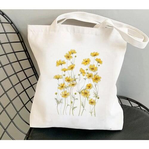 2021 Shopper Yellow Cosmos Flowers Printed Tote Bag women Harajuku shopper handbag girl Shoulder shopping bag Lady Canvas Bag